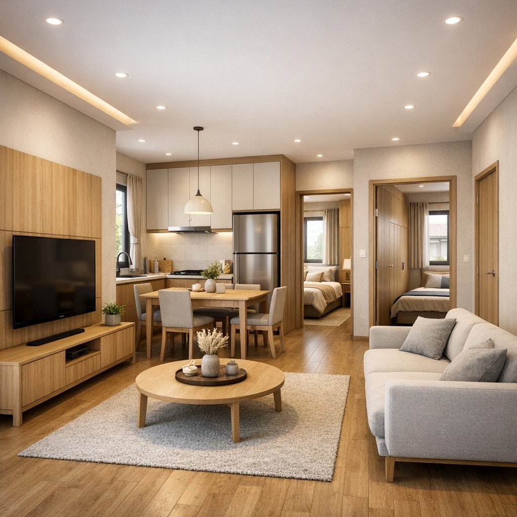 desain rumah 6x8 kamar 2 bergaya Japandi yang tenang dan hangat