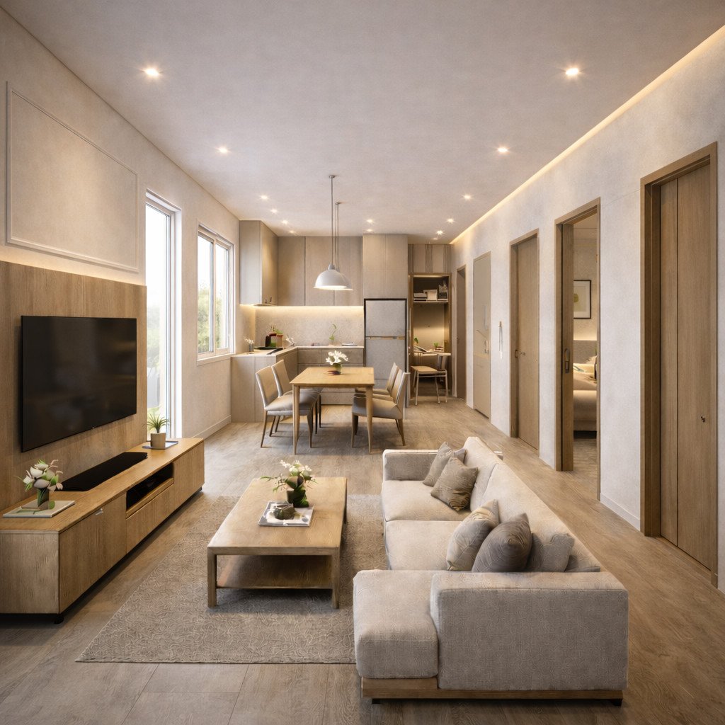 desain rumah 6x8 kamar 2 bergaya transitional yang fleksibel dan elegan