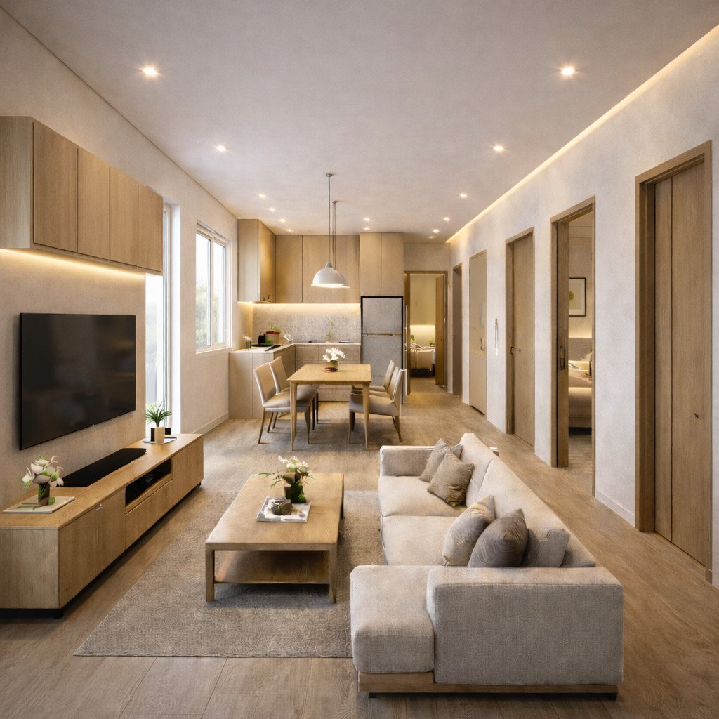 desain rumah 6x8 kamar 2 dengan smart storage agar tetap rapi dan lega