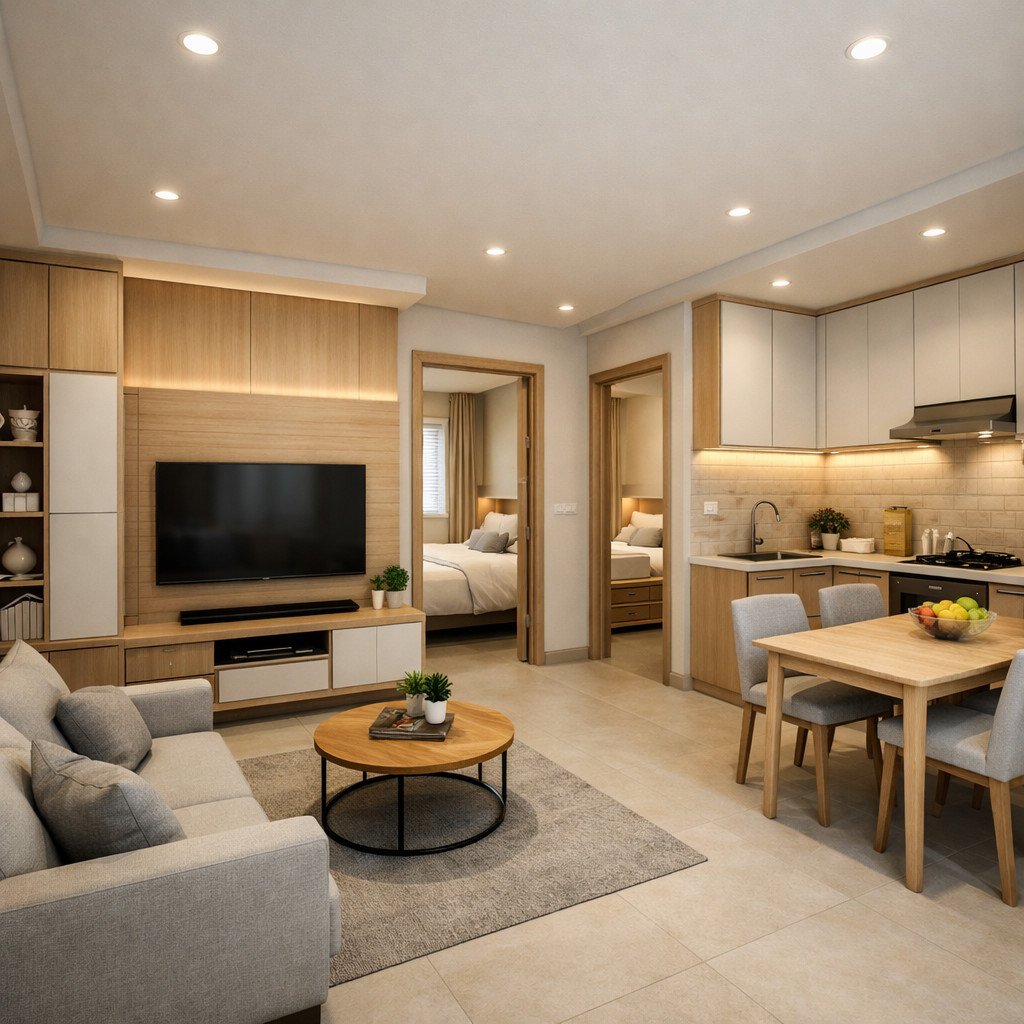 desain rumah 6x8 kamar 2 dengan storage pintar dan tata ruang maksimal