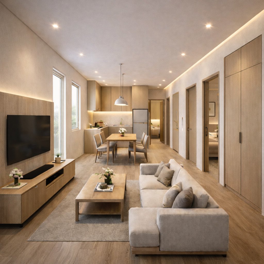 desain rumah 6x8 kamar 2 gaya Japandi yang hangat dan tenang