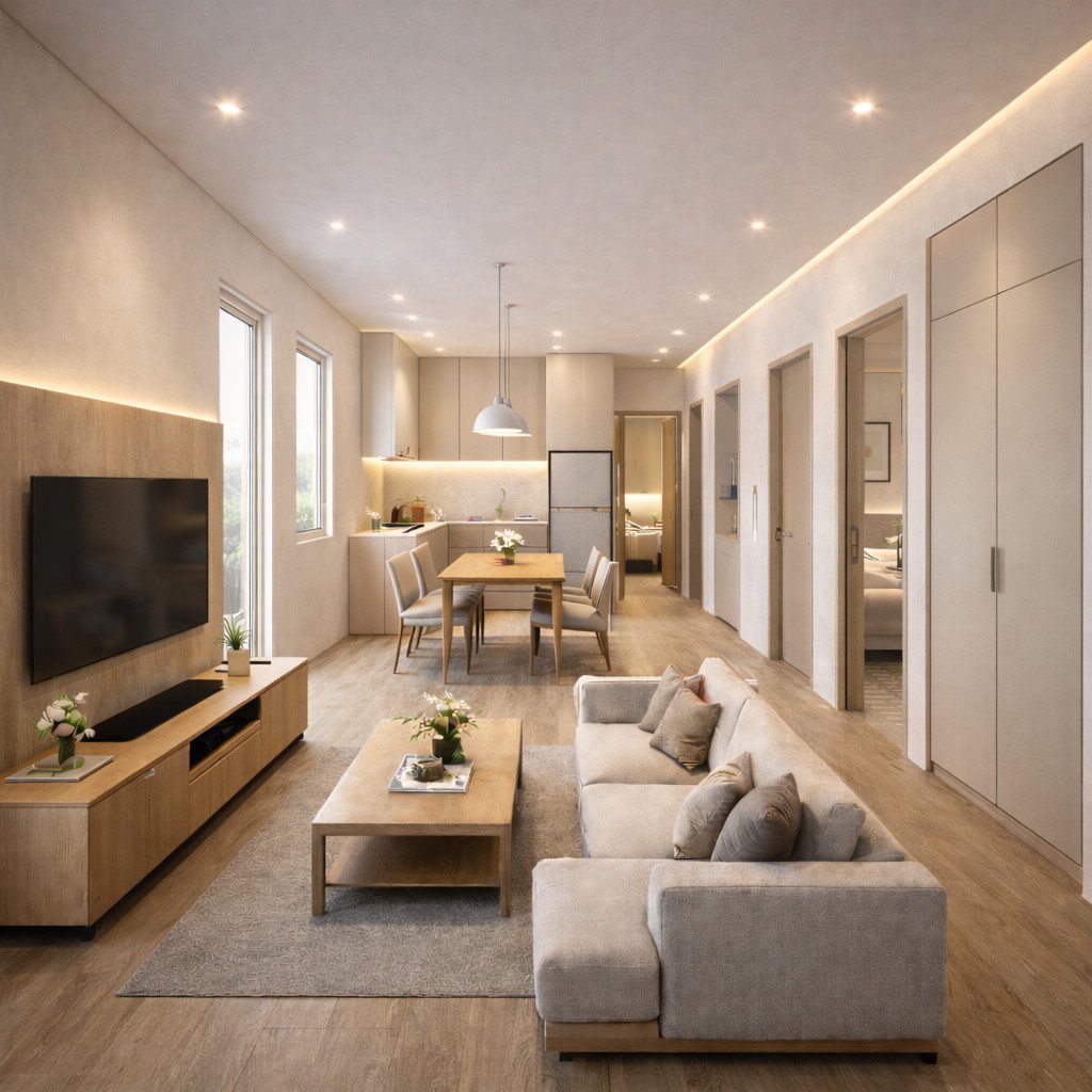 desain rumah 6x8 kamar 2 gaya Scandinavian yang terang dan efisien