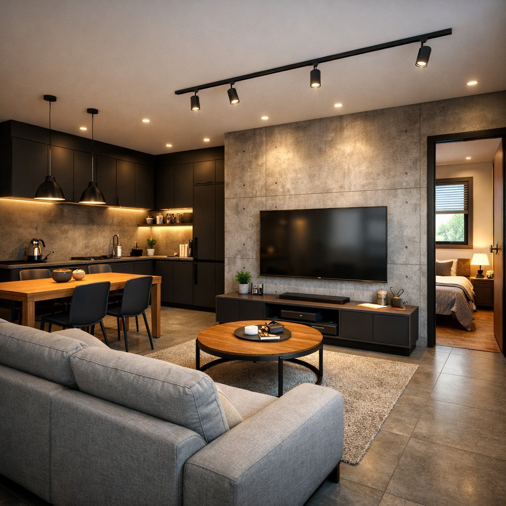 desain rumah 6x8 kamar 2 industrial dengan karakter kuat dan tahan pakai