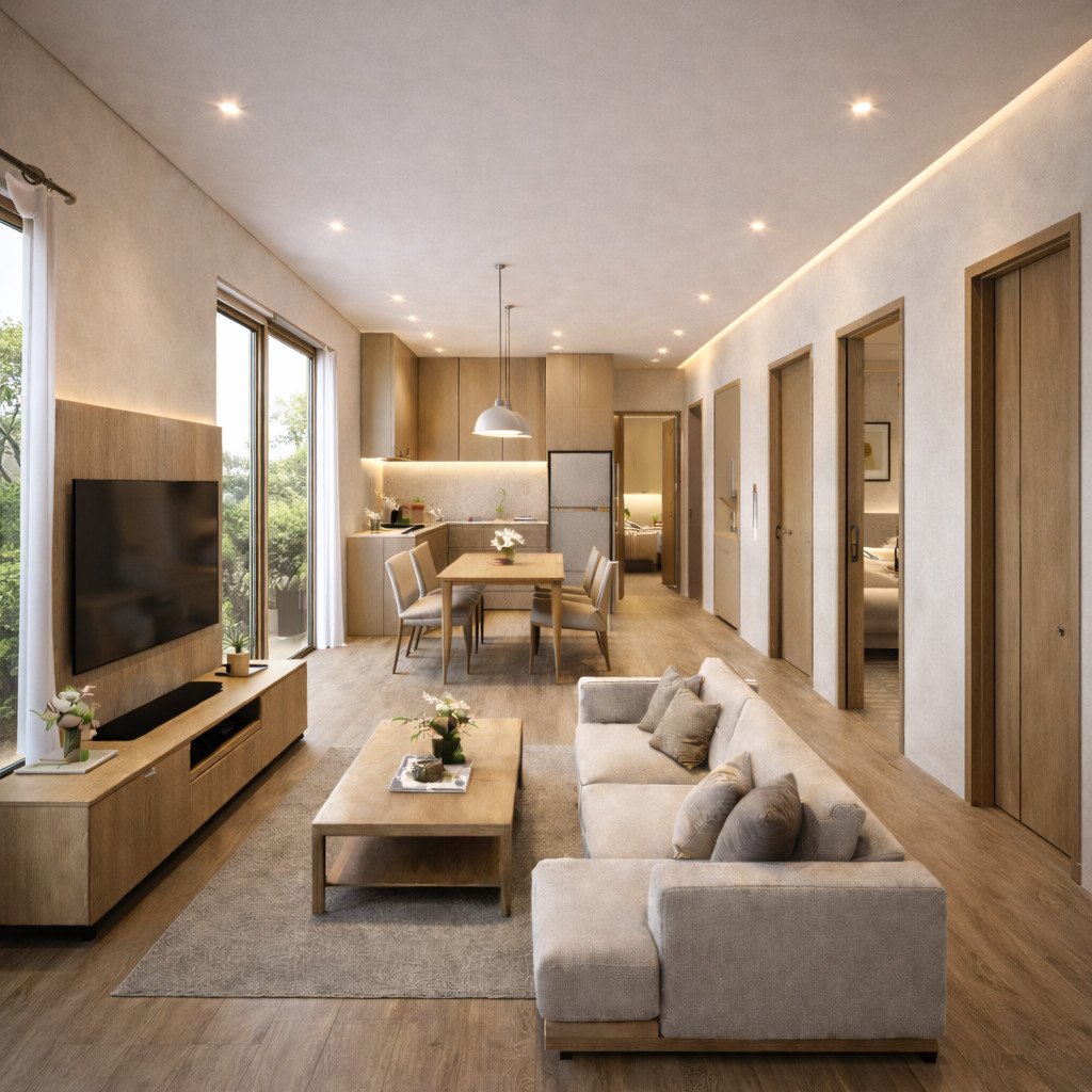 desain rumah 6x8 kamar 2 tropis minimal dengan bukaan lebar dan sirkulasi sejuk