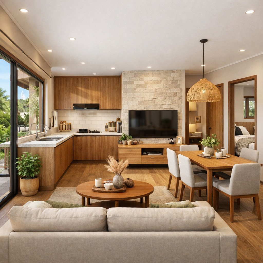 desain rumah 6x8 kamar 2 tropis minimalis yang sejuk dan terasa lega