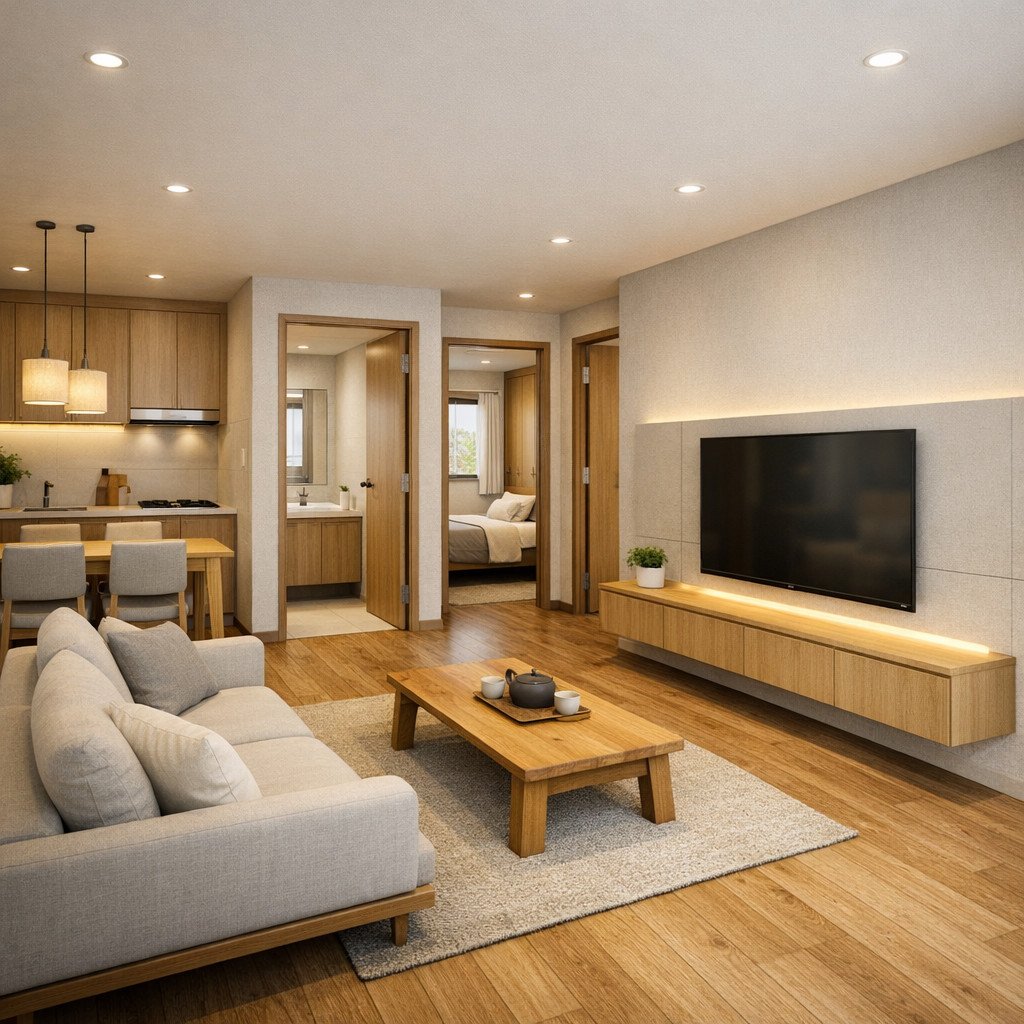 desain rumah 6x9 3 kamar Japandi Zen yang tenang dan rapi