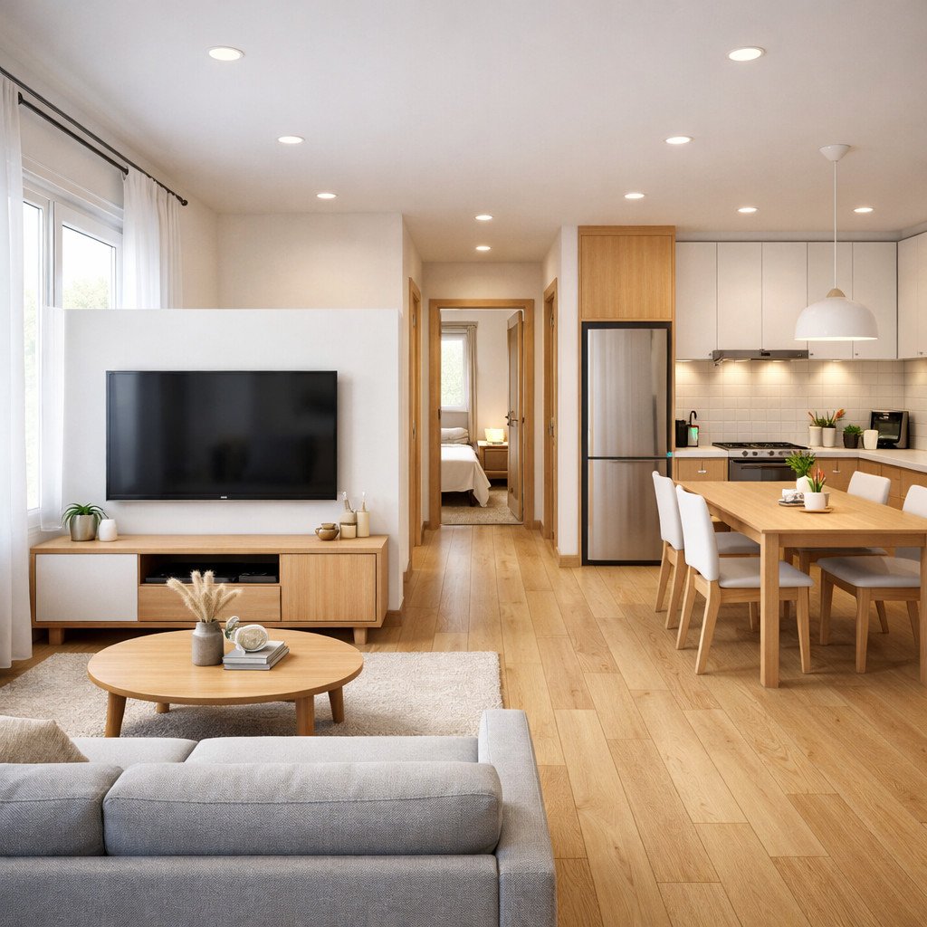 desain rumah 6x9 3 kamar Scandinavian yang terang dan terasa lapang