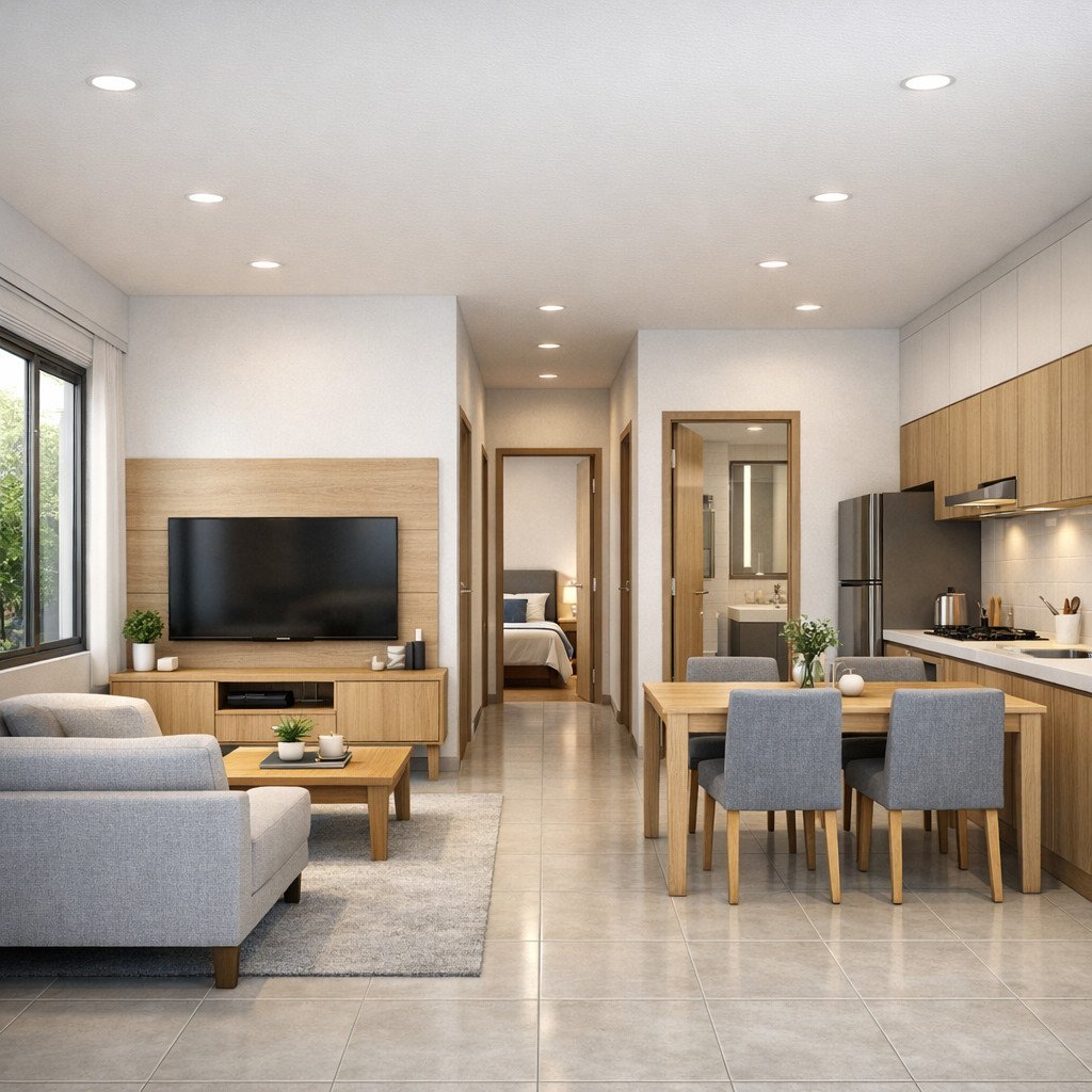 desain rumah 6x9 3 kamar dengan layout linear yang efisien dan fungsional