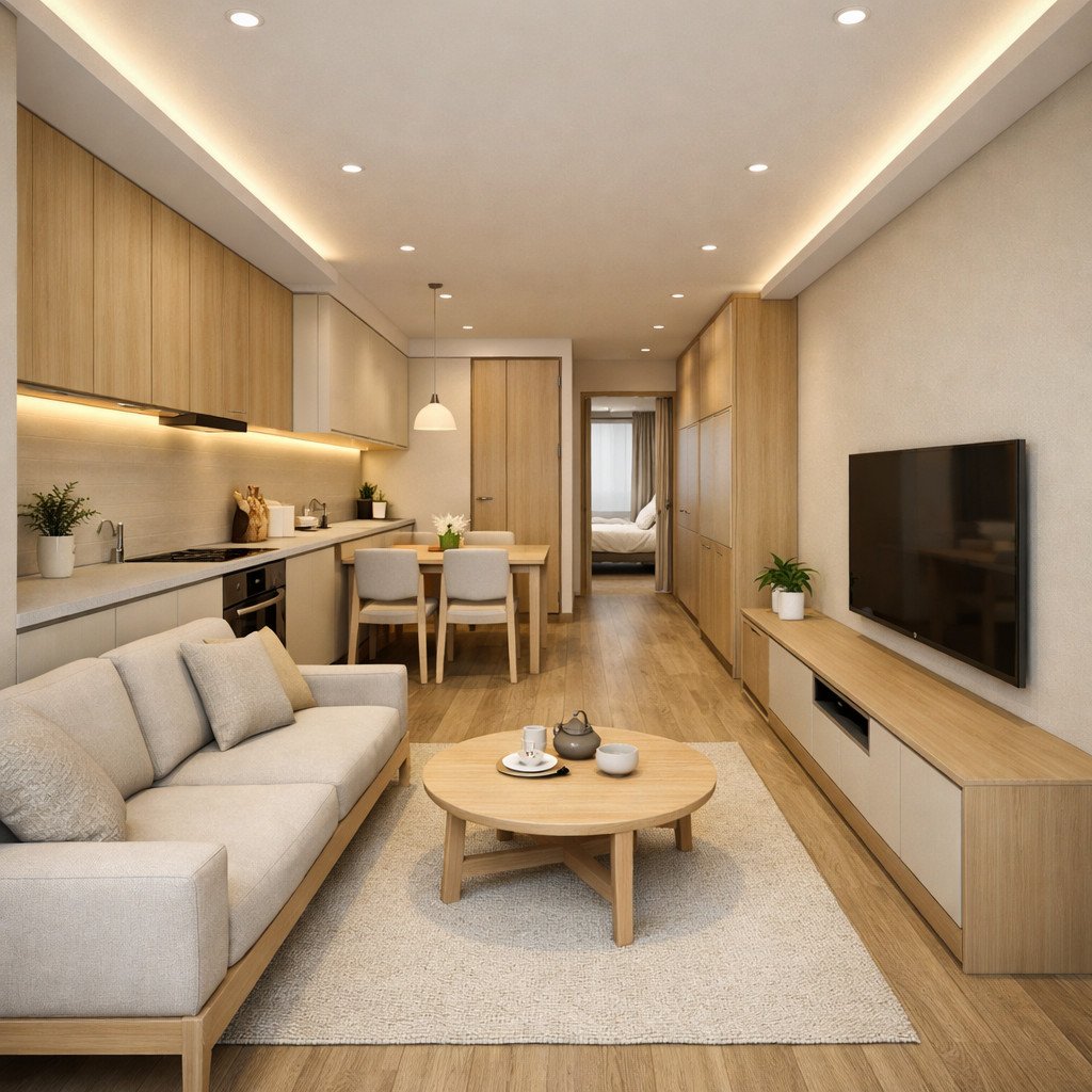 desain rumah 6x9 memanjang Japandi yang tenang, rapi, dan fungsional