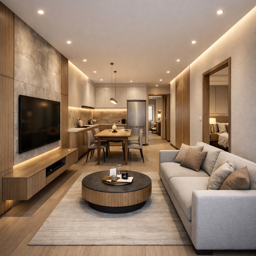 desain rumah 6x9 memanjang dengan konsep quiet luxury yang elegan dan presisi