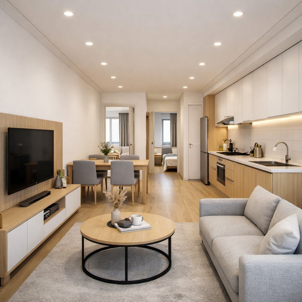 desain rumah 6x9 memanjang gaya Scandinavian yang terang dan mengalir alami