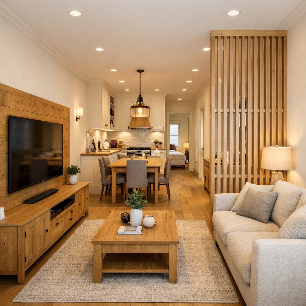 desain rumah 6x9 memanjang gaya farmhouse yang hangat dan fungsional