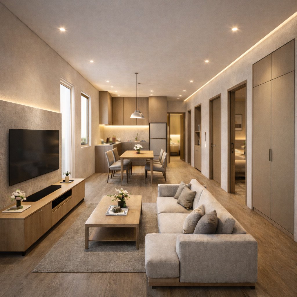 desain rumah 6x9 memanjang gaya quiet luxury yang elegan dan proporsional