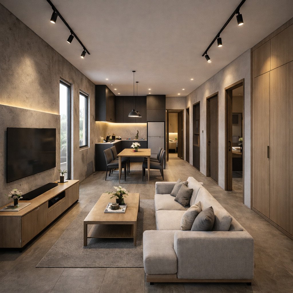 desain rumah 6x9 memanjang industrial modern dengan karakter tegas dan aksen beton