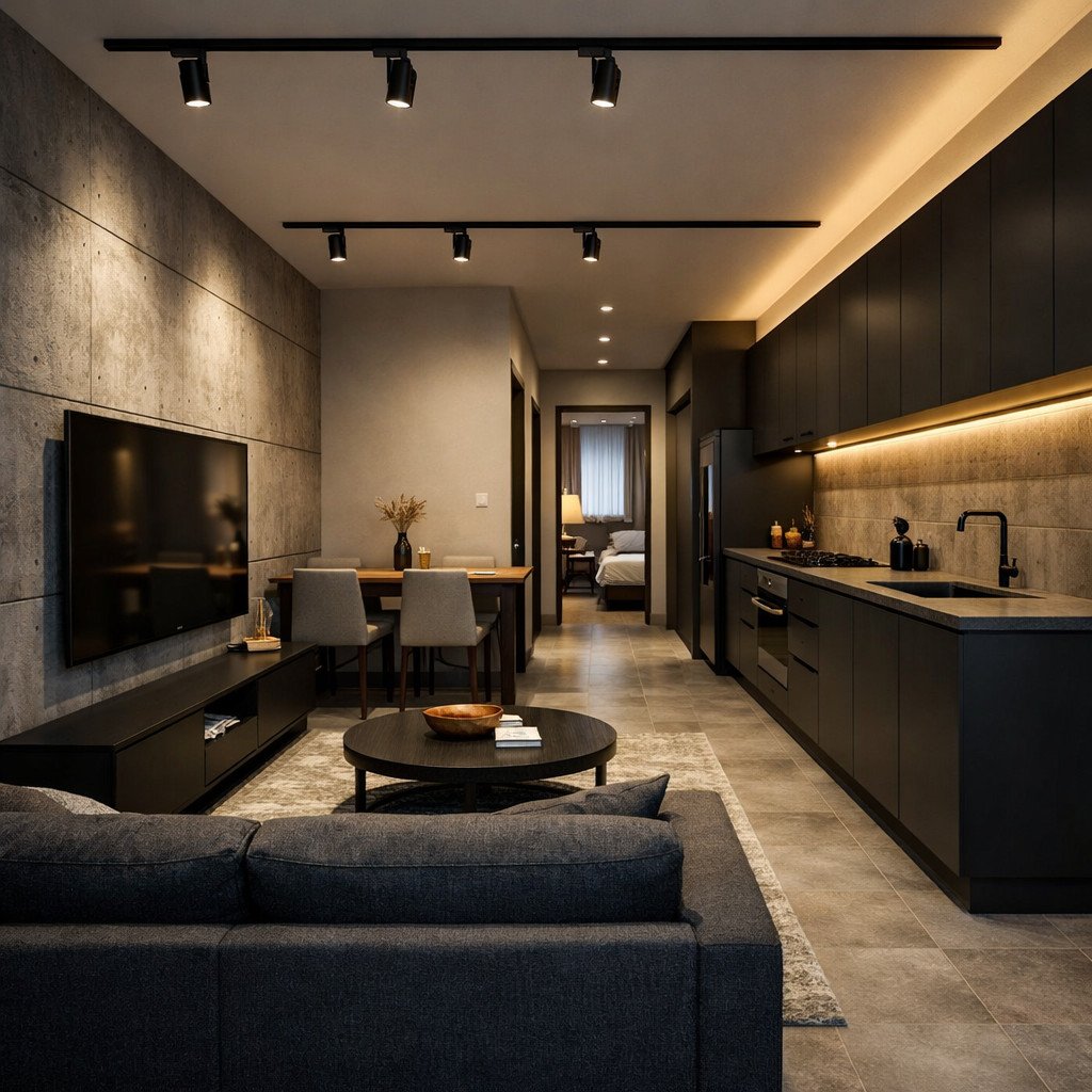 desain rumah 6x9 memanjang industrial modern yang tegas dan berkarakter kuat