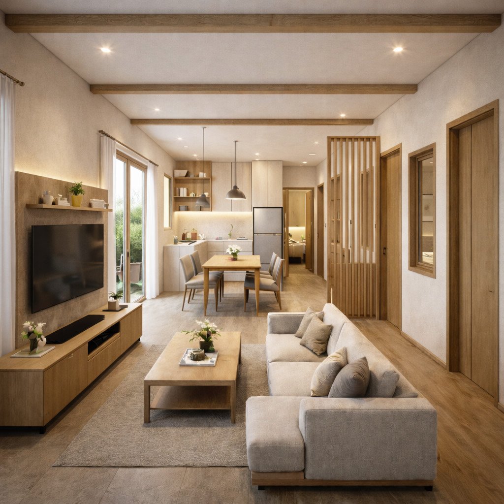 desain rumah 6x9 memanjang modern farmhouse yang hangat dan fungsional