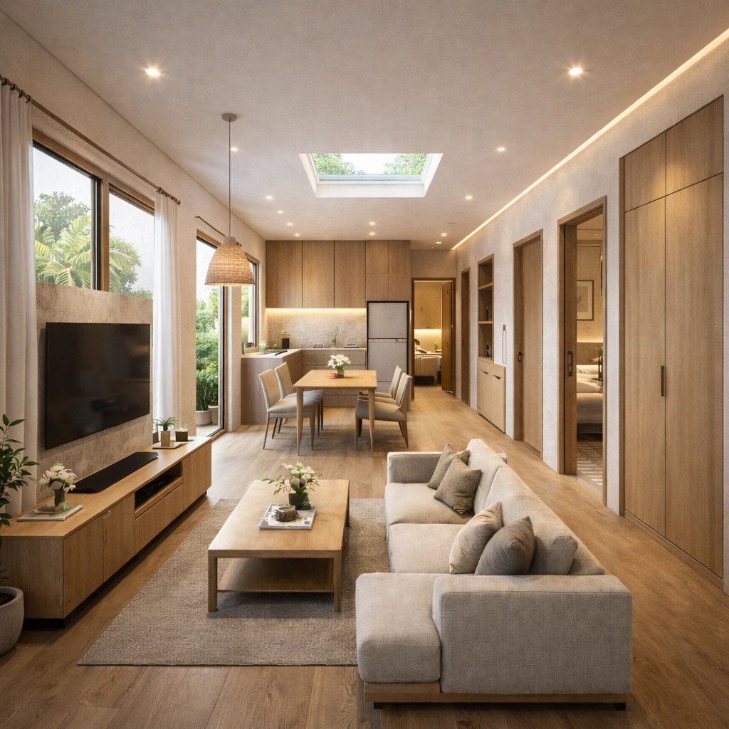 desain rumah 6x9 memanjang tropis dengan bukaan besar dan sirkulasi silang adem