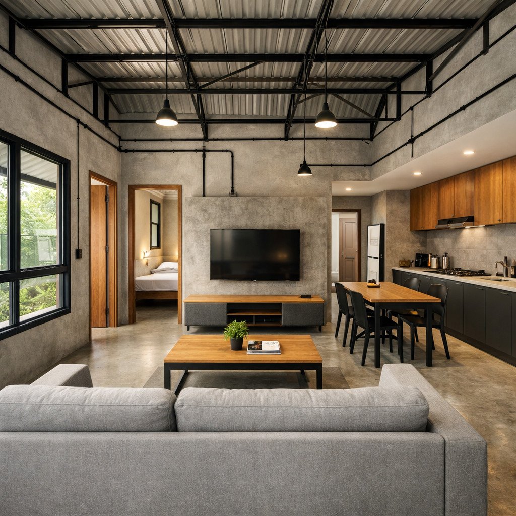 desain rumah industrial low budget dengan open plan yang hemat dan lega