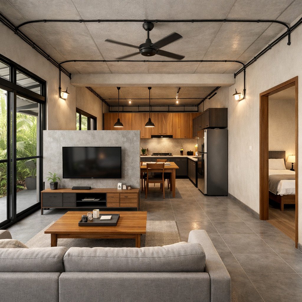 desain rumah industrial low budget yang sejuk dengan ventilasi tropis