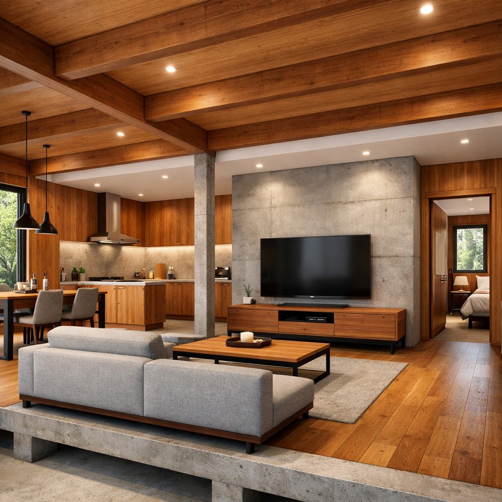 desain rumah kayu minimalis modern dengan kombinasi kayu dan beton hangat