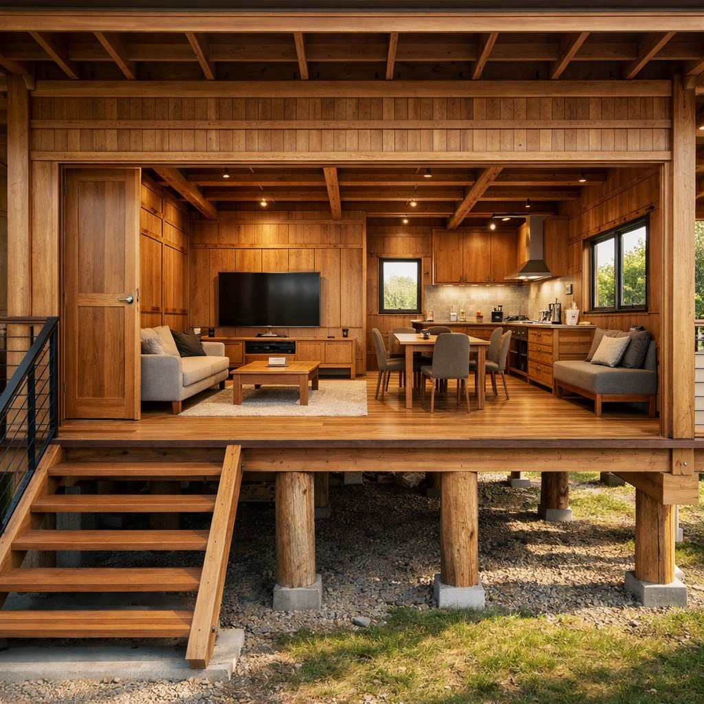 desain rumah kayu minimalis panggung yang modern dan tetap fungsional