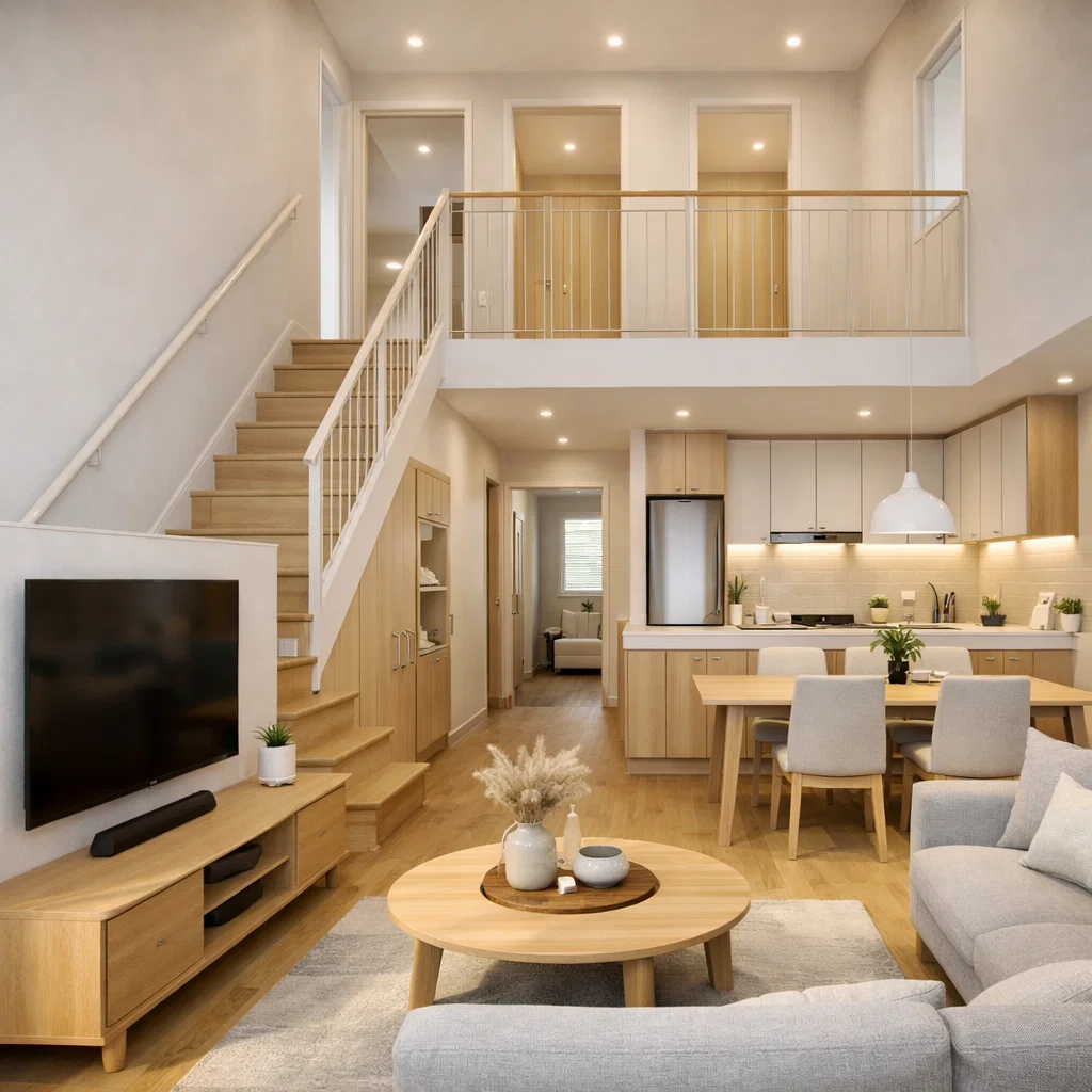 desain rumah minimalis 2 lantai 6x12 bergaya Scandinavian yang terang dan fungsional