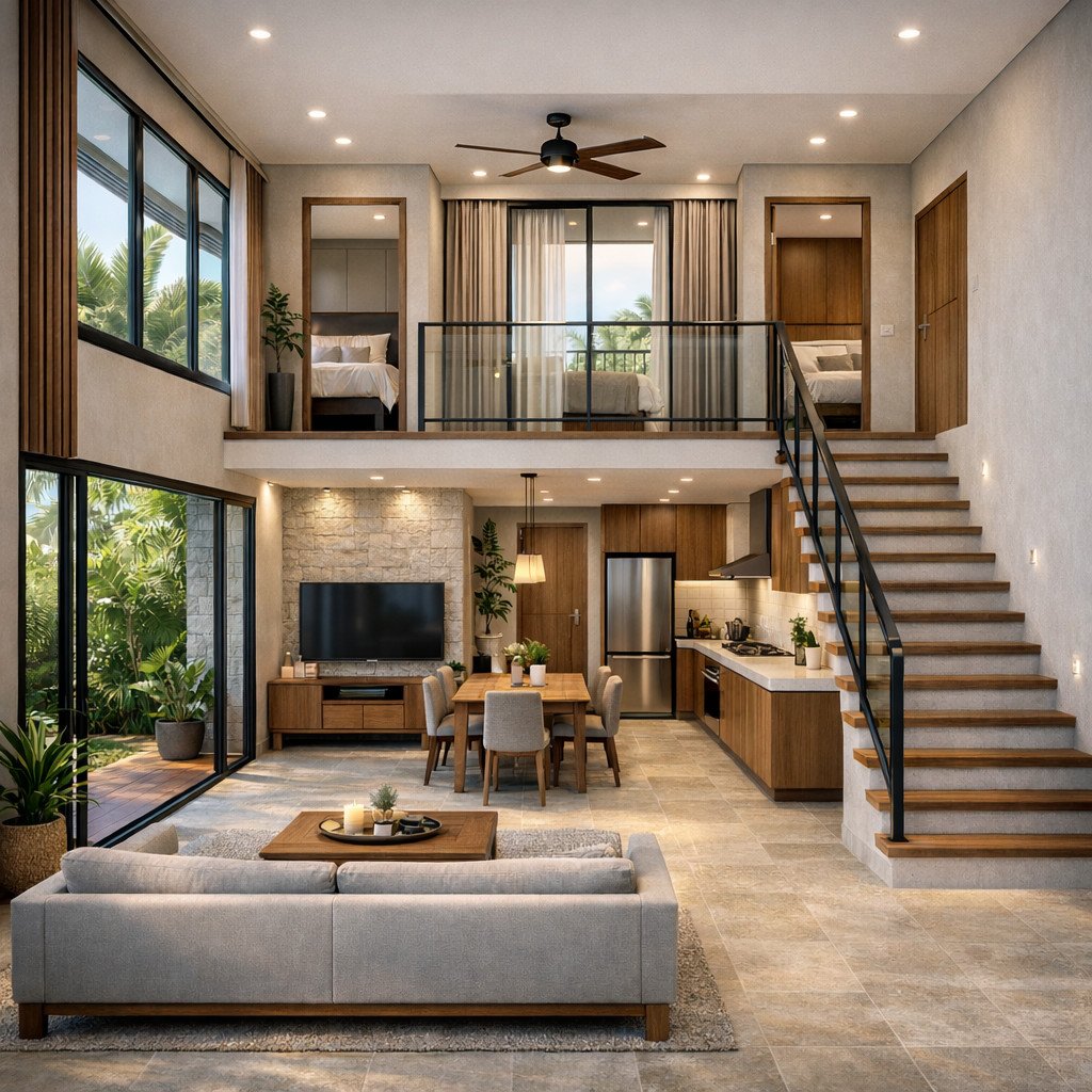 desain rumah minimalis 2 lantai 6x12 dan biayanya dengan konsep tropis sejuk