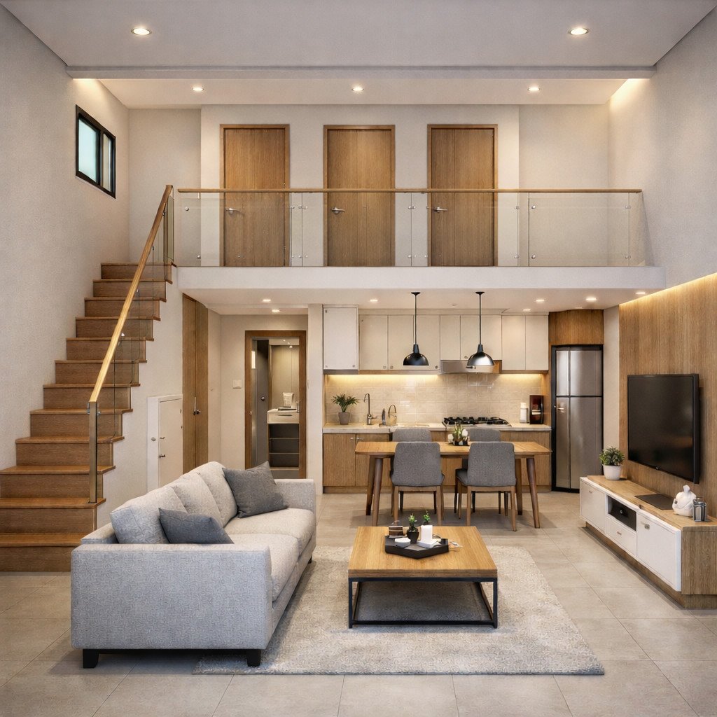 desain rumah minimalis 2 lantai 6x12 dengan open plan lega dan privat di atas