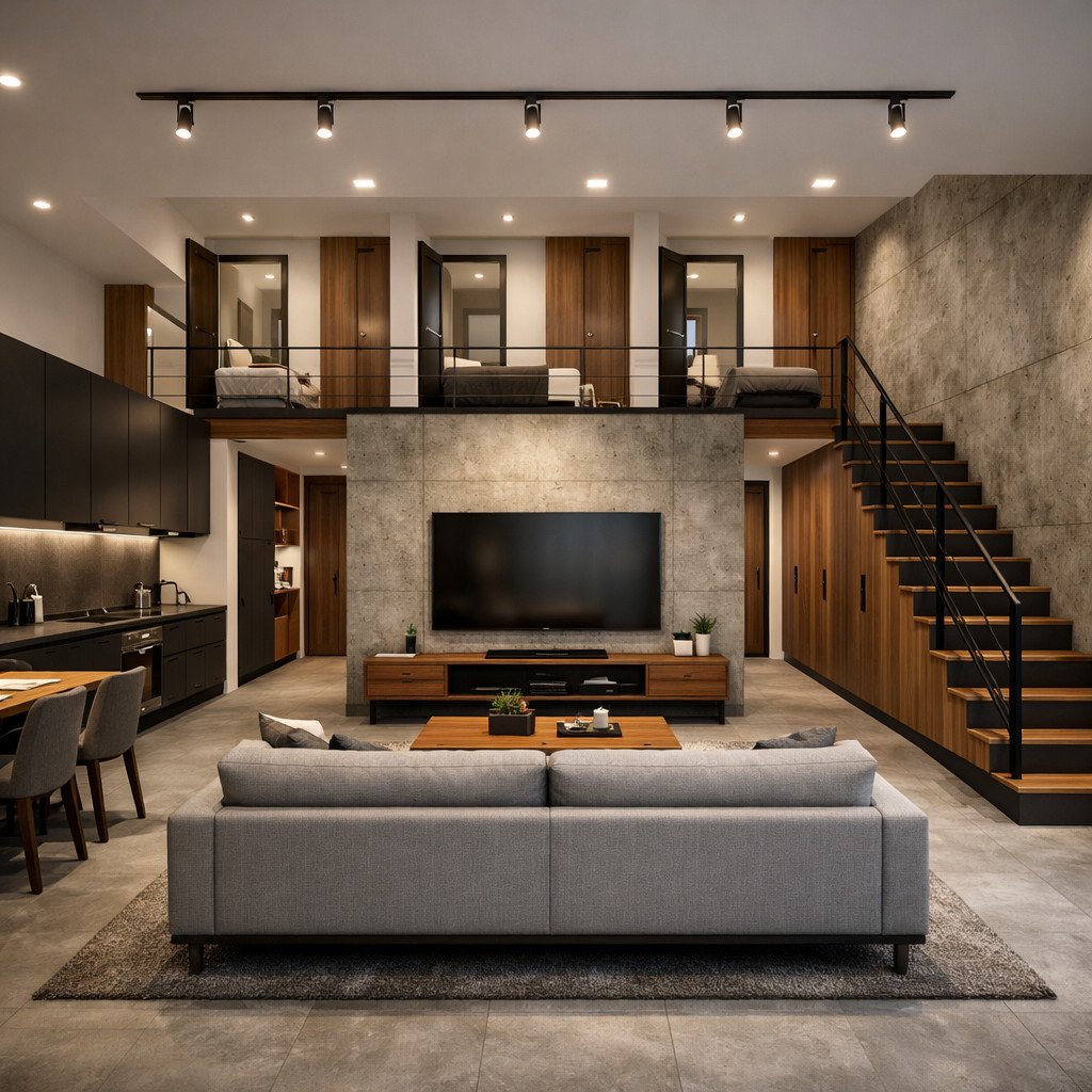 desain rumah minimalis 2 lantai 6x12 industrial yang tegas dan berkarakter