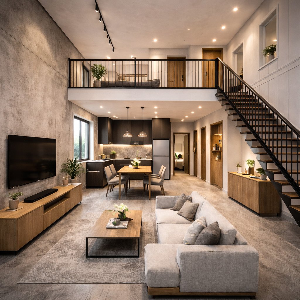 desain rumah minimalis 2 lantai industrial dengan karakter urban yang kuat