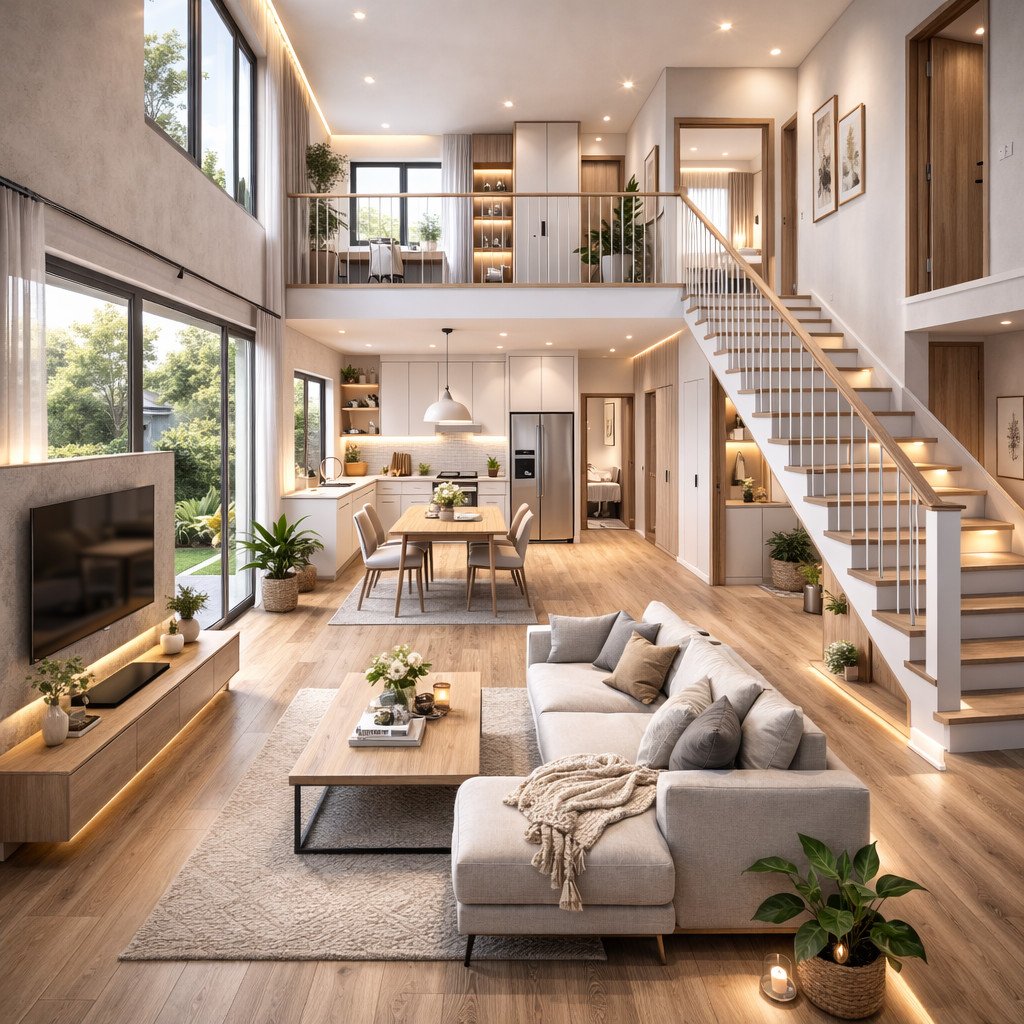 desain rumah minimalis 2 lantai scandinavian terang dan family friendly