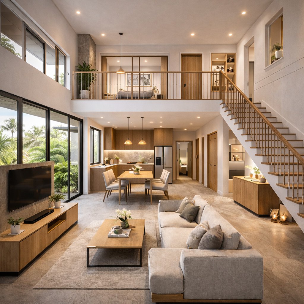 desain rumah minimalis 2 lantai tropical modern yang sejuk dan terbuka