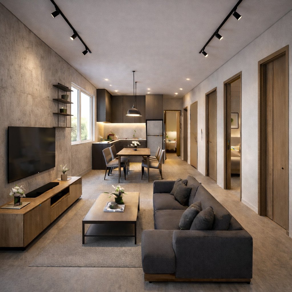 desain rumah minimalis 3 kamar industrial dengan beton ekspos dan nuansa maskulin