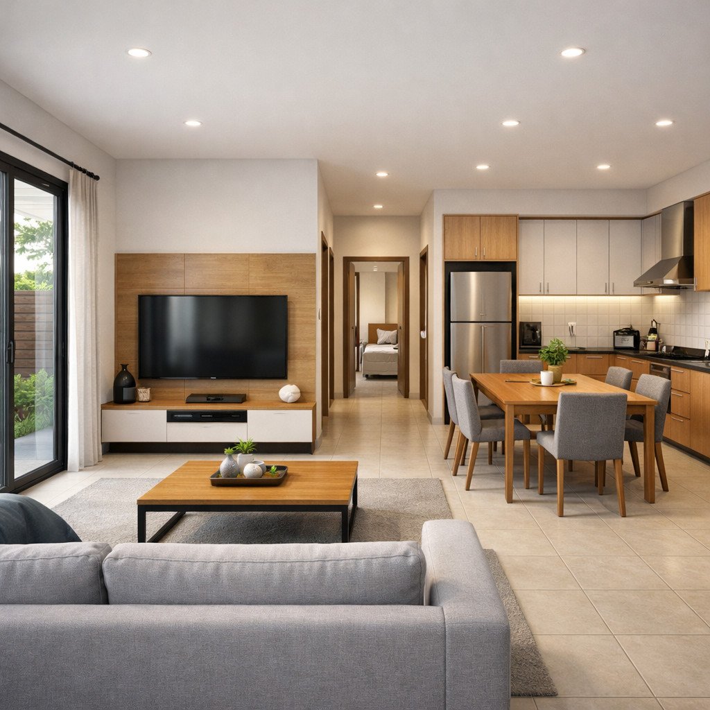 desain rumah minimalis 3 kamar ukuran 7x9 dengan konsep open plan lega.