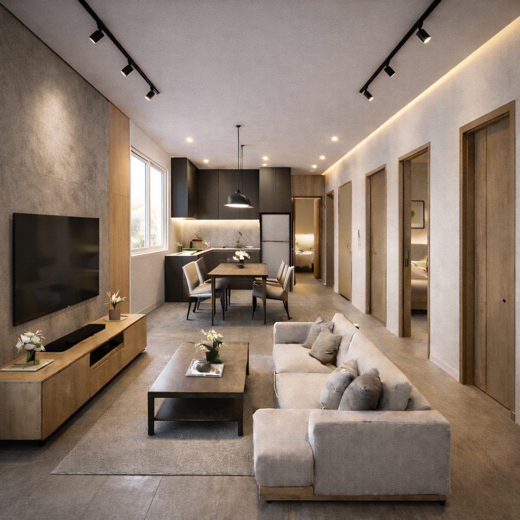 desain rumah minimalis elegan industrial soft dengan sentuhan beton modern