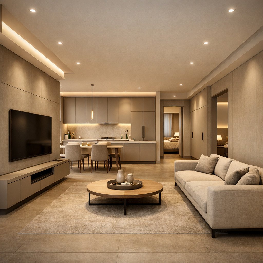 desain rumah minimalis elegan warm greige dengan nuansa quiet luxury.