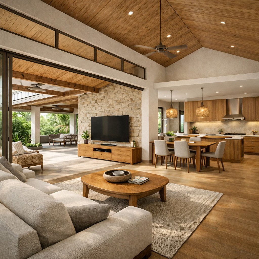 desain rumah modern minimalis tropis dengan bukaan besar dan ventilasi alami