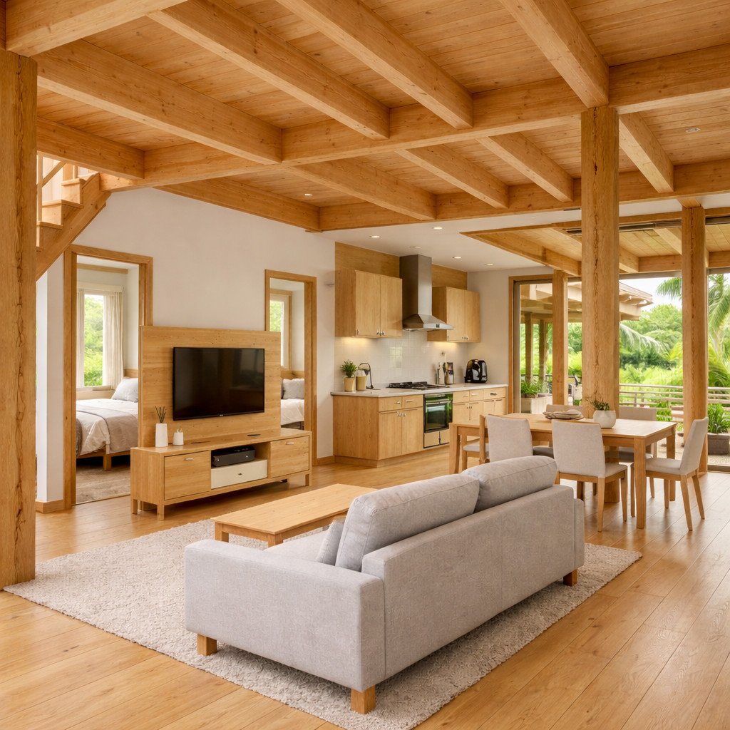 desain rumah panggung kayu modern Scandinavian yang ringan dan terang