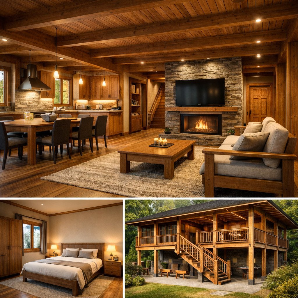 desain rumah panggung kayu modern bergaya rustic yang hangat dan intim