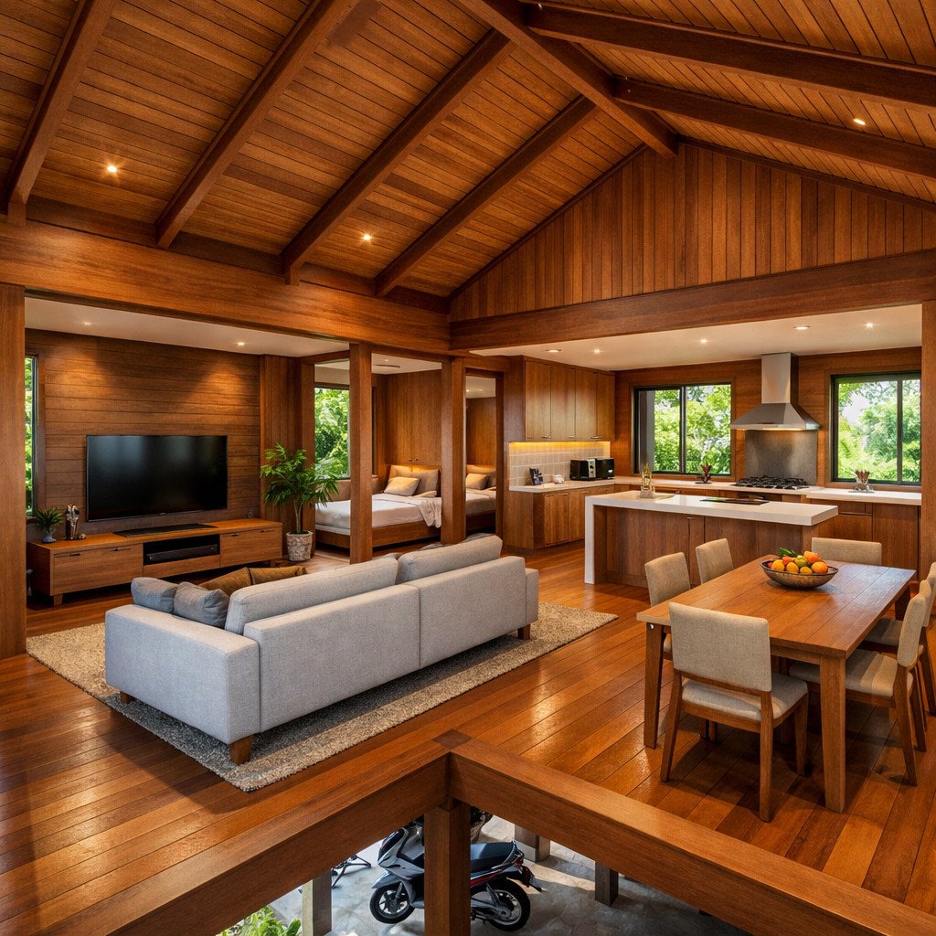 desain rumah panggung kayu modern tropis yang hangat dan terbuka