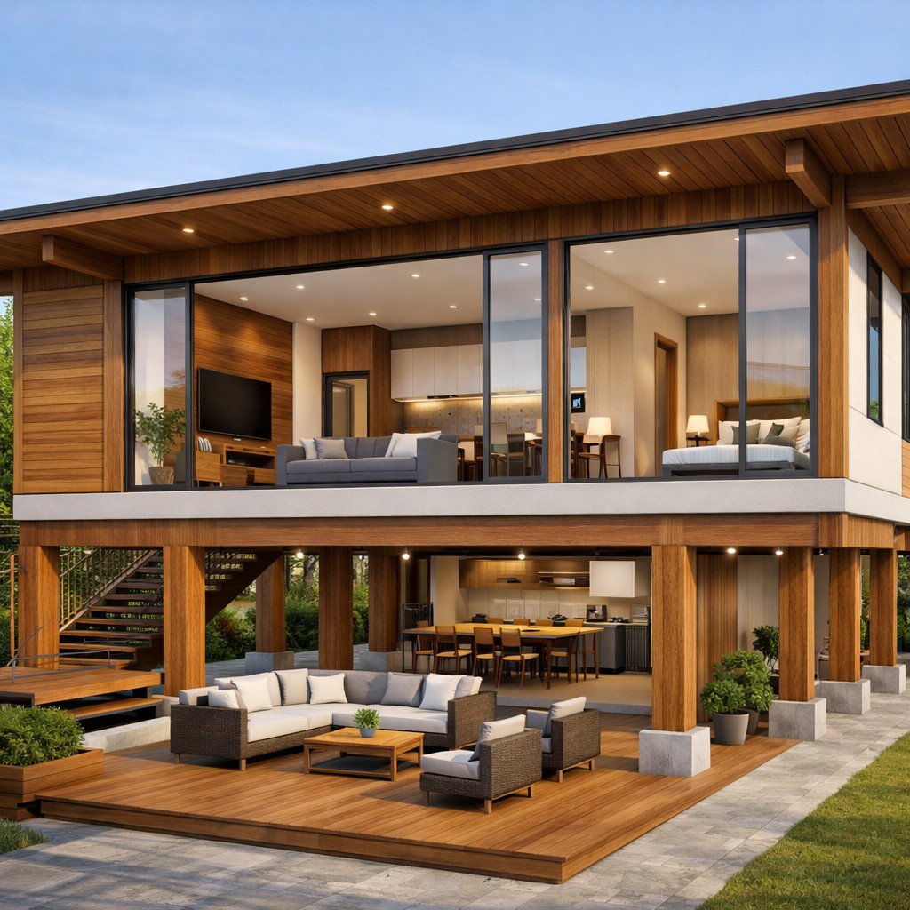 desain rumah panggung kayu modern yang minimal dan futuristik
