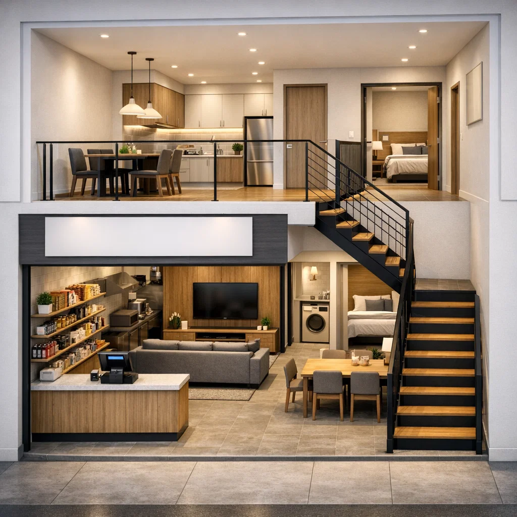 desain rumah plus toko minimalis 2 lantai dengan bisnis di bawah dan hunian privat