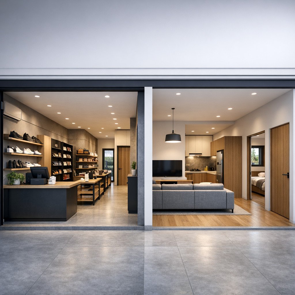 desain rumah plus toko minimalis dengan akses terpisah dan privasi maksimal