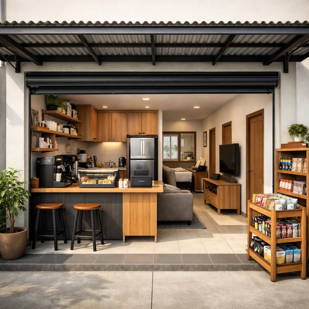 desain rumah plus toko minimalis dengan konsep semi terbuka hemat biaya