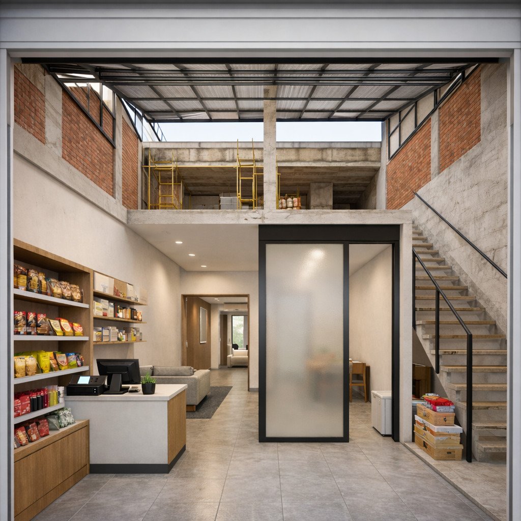 desain rumah plus toko minimalis dengan toko depan dan hunian privat di belakang