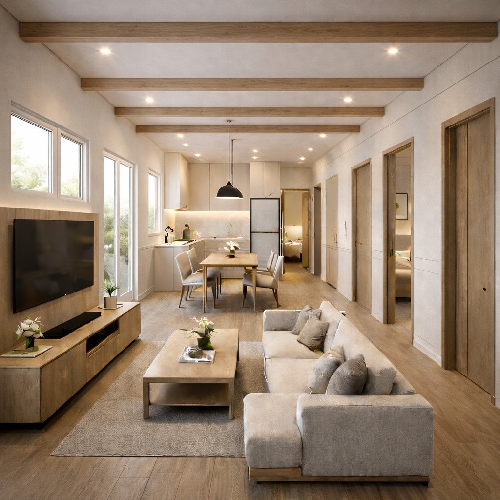 desain rumah sederhana modern farmhouse yang hangat dan homey