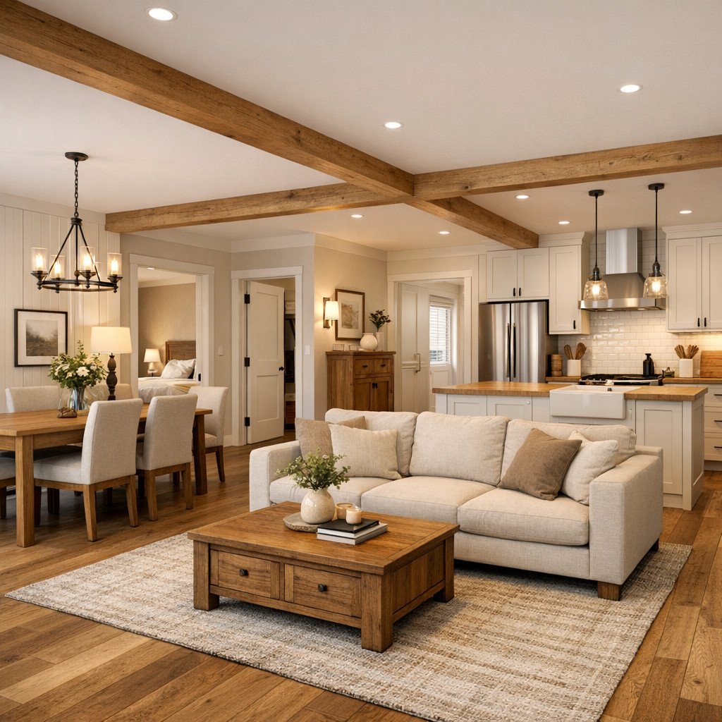 desain rumah sederhana modern farmhouse yang hangat dan homey