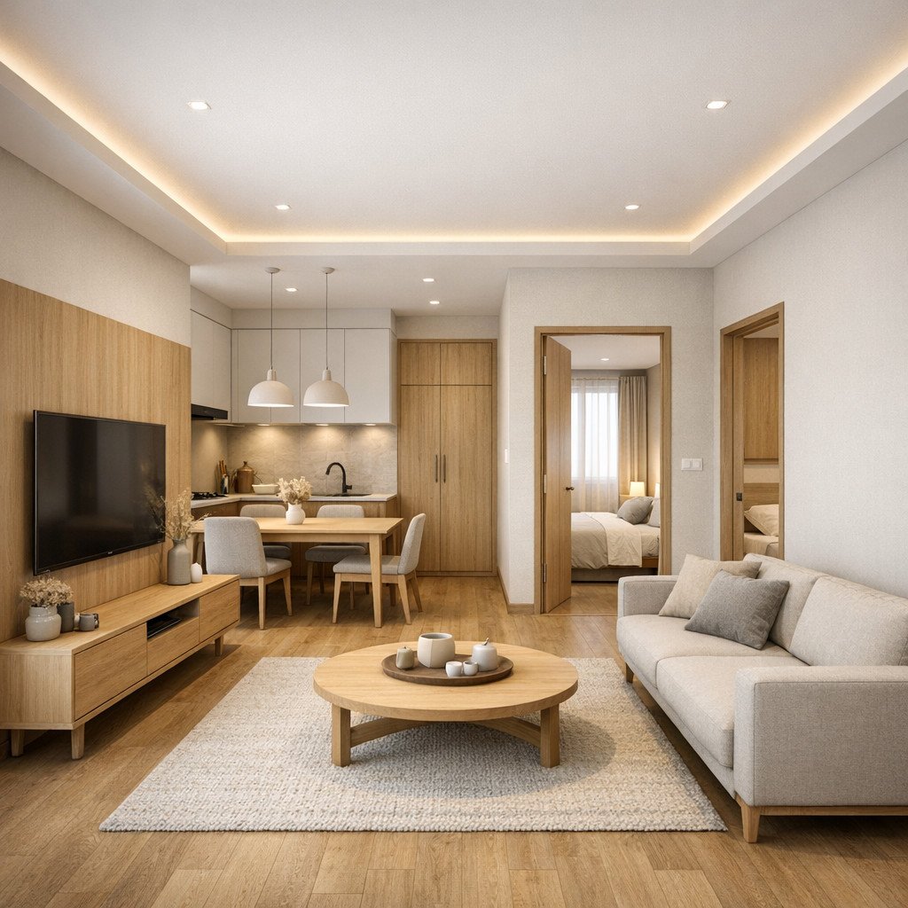 desain rumah type 36 Japandi yang tenang, rapi, dan minim visual clutterr