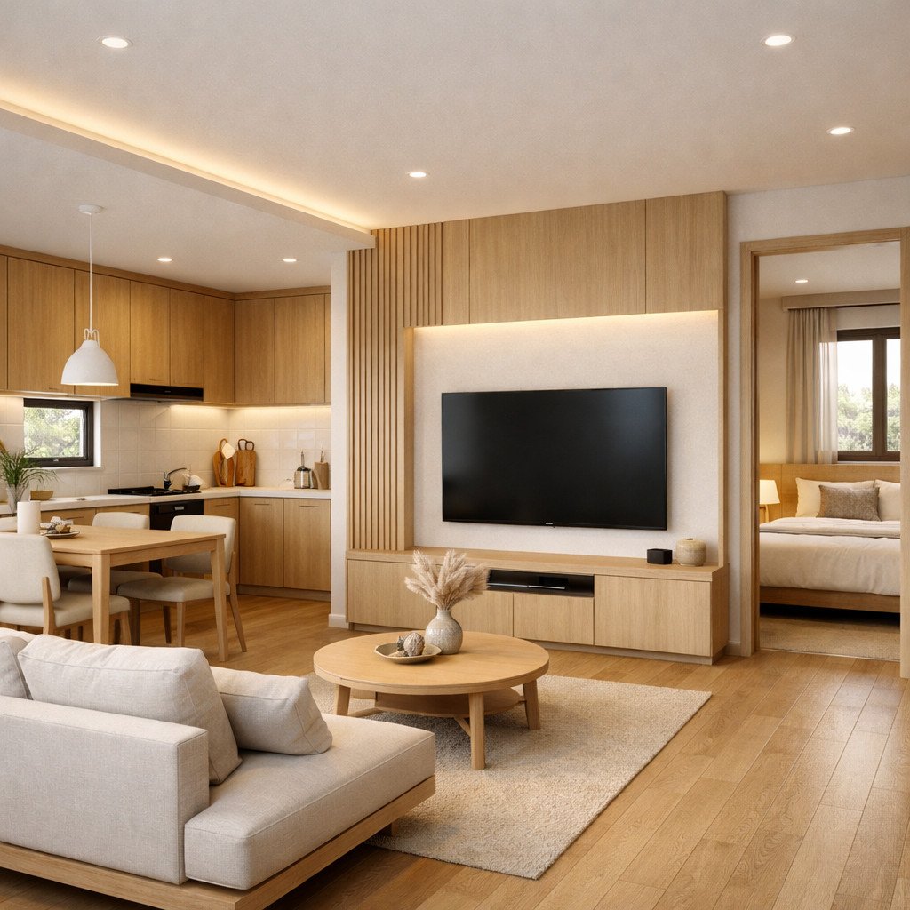 desain rumah type 36 agar terlihat luas dengan konsep Japandi tenang dan rapi