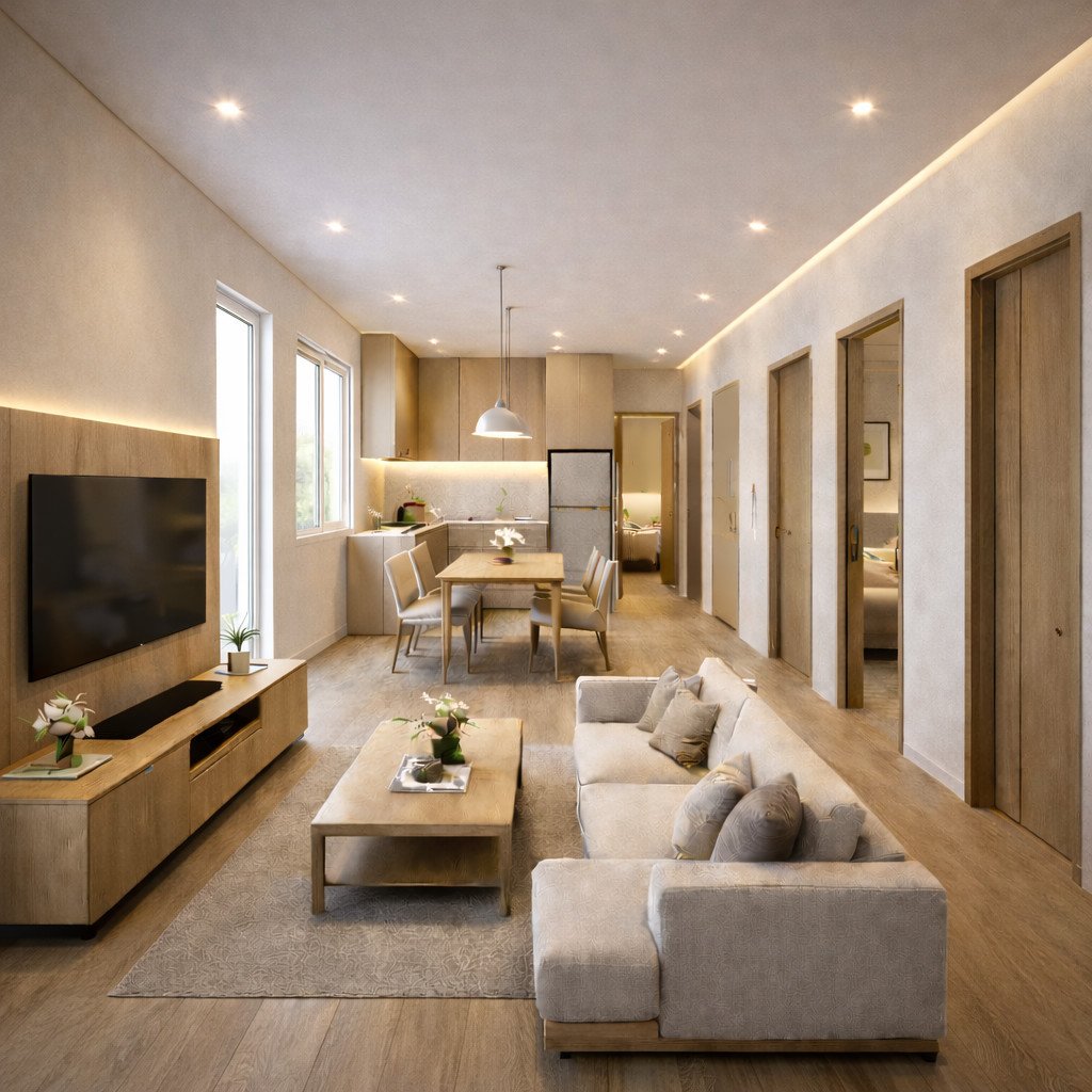 desain rumah type 36 agar terlihat luas dengan konsep Japandi yang tenang dan rapi